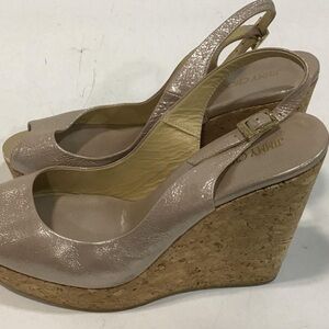 Women’s Jimmy Choo Metallic Cork Wedge Platform Peep Toe Sandals Size 39.5